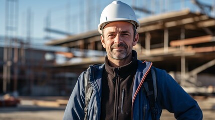 A construction worker in front of a building under construction