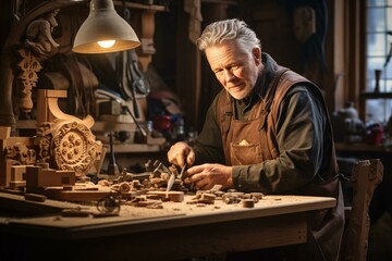 A man carving wood with focus and precision