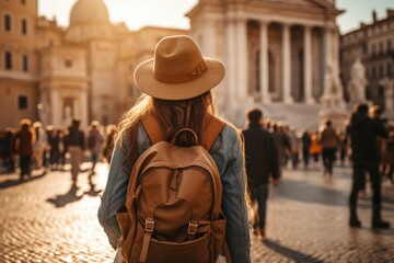 Attractive young female tourist is exploring new city. Female in hat with backpack traveling. Summer sunny lifestyle fashion portrait of young stylish hipster woman walking on the street.