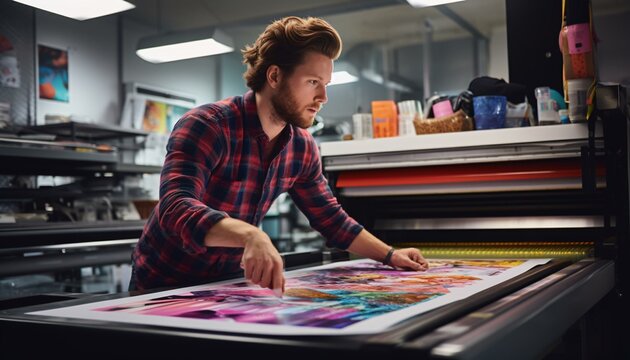 A man examining a printed image on a large printer