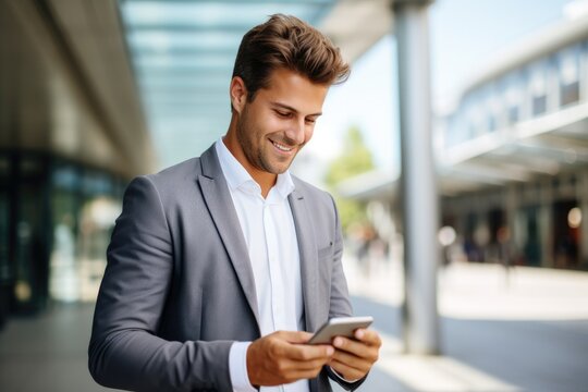 Young urban professional business man using smartphone. Businessman holding mobile smartphoneusing app texting sms message outdoor.
