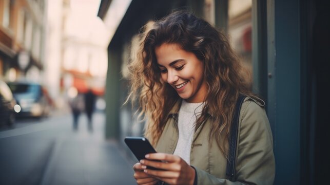 Businesswoman texting on her smart phone while commuting to work. business woman using smartphone outdoor.