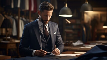 A businessman writing notes on a document with a pen in a professional setting