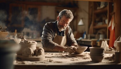 A man crafting pottery in a vibrant pottery studio