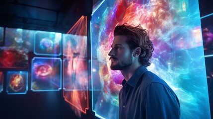 Fototapeta premium A man standing in front of a vibrant and colorful wall
