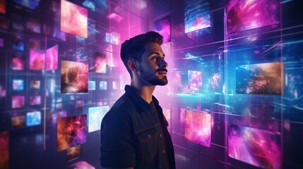 A man standing in front of a vibrant wall of colorful lights