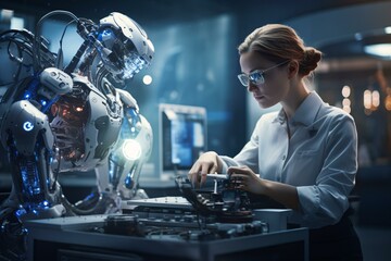 A woman wearing glasses working on a robotic project