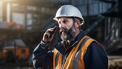 A construction worker on a phone call at a construction site