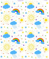 Fototapeta na wymiar drawn sun, clouds and rainbow, seamless children's background