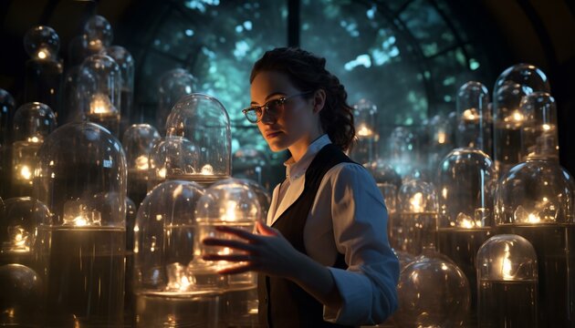 A woman admiring glass domes in a display