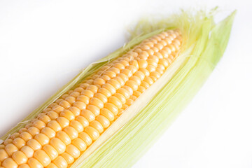 Fresh Corn Cob. Corn Ears With Leaves on White Background