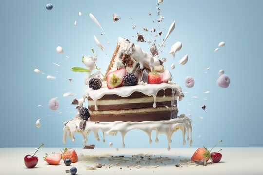 a clean detailed studio photo of layered cake slices with whipped cream and cherry flying in the air on pastel gradient background. Food ingredient levitation.