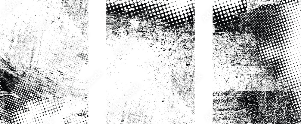 Poster Glitch distorted grungy isolated layers . Design element for brochure, social media, posters, flyers. Overlay texture.Textured banner with Distress effect .Vector halftone dots . Screen print texture
