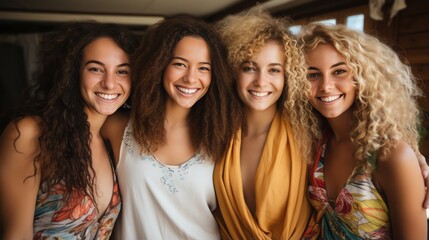 Fototapeta premium Multiracial friends lying down on beach towel