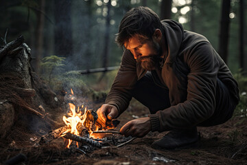 Portrait of a Man Kindling a Fire in the Wilderness.