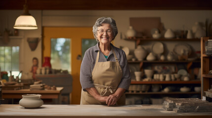 Senior woman pottery artist makes ceramics from clay Hand made ceramics are formed by a mature woman on a potters wheel,ai generate