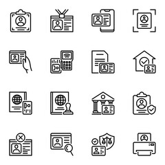 Set Of 16 ID card line icons. profile, secure, user, agent, citizen, personal, identity, pass, check, driving, employee, application, document, security, immigration