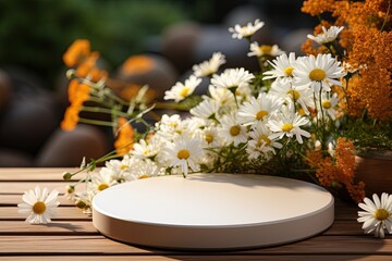 podium product display decorative with summer floral flower nature border frame showcase exhibition copyspace for advertisment nature background,ai generate