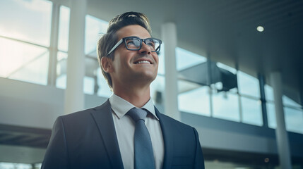 a smiling young business professional wearing glasses