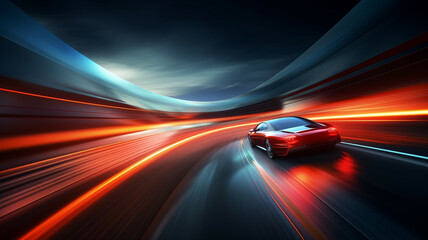 Movement of the car at night at high speed view
