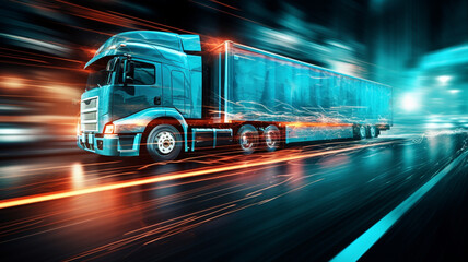 Trucks are driving in the city at night speed.