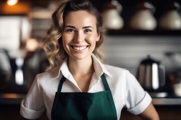 portrait of a woman barista in a cafe