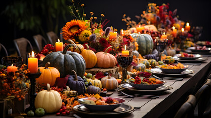 Autumn table setting with pumpkins, grapes, cheese and wine for halloween and thanksgiving - obrazy, fototapety, plakaty