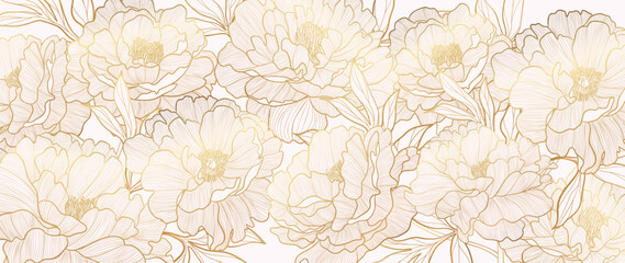 Luxury golden peony flower line art background vector. Natural botanical elegant flower with gold line art. Design illustration for decoration, wall decor, wallpaper, cover, banner, card.