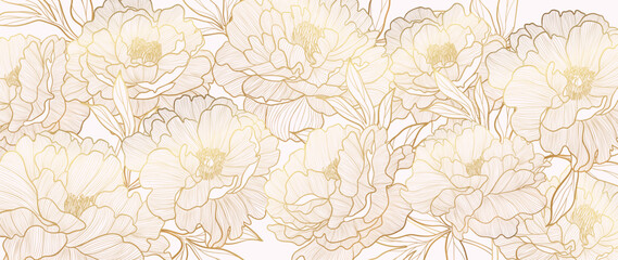 Luxury golden peony flower line art background vector. Natural botanical elegant flower with gold line art. Design illustration for decoration, wall decor, wallpaper, cover, banner, card. © TWINS DESIGN STUDIO