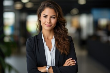 Fototapeta premium Successful businesswoman standing in creative office and looking at camera. Group of business people with businesswoman leader on foreground.