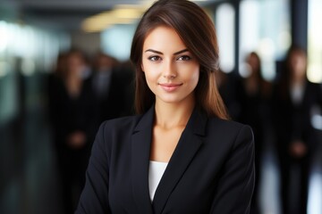 Fototapeta premium Successful businesswoman standing in creative office and looking at camera. Group of business people with businesswoman leader on foreground.