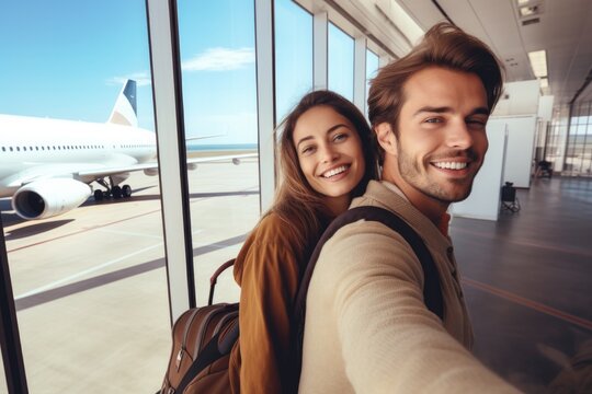 Couple taking a selfie in the airport. Happy couple traveling on vacation.