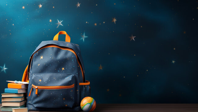 School backpack with books. - Back to school concept. - Space for text.