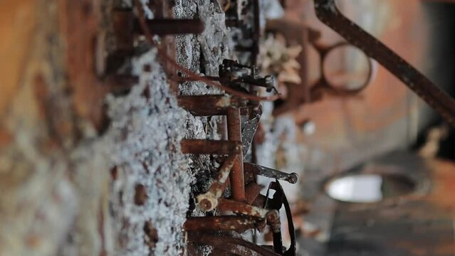 Details of the destroyed Russian infantry fighting vehicle (BMP). after the combat strike of the Ukrainian armed forces. destroyed the Russian BMP. burnt Russian landing vehicle in the war in Ukraine