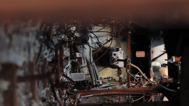 Details of the destroyed Russian infantry fighting vehicle (BMP). after the combat strike of the Ukrainian armed forces. destroyed the Russian BMP. burnt Russian landing vehicle in the war in Ukraine