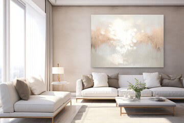 Modern minimalism acrylic painting in light beige tones and white. The painting gives a sense of light and air