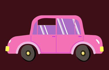 Cartoon retro pink car isolated on dark background. Vector illustration.