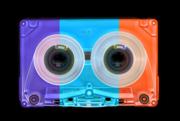three colours old audio cassette tape open