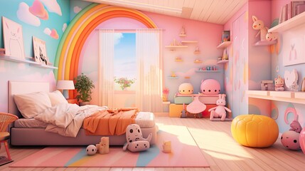 Childhood World Children's Room Interior with Rainbow