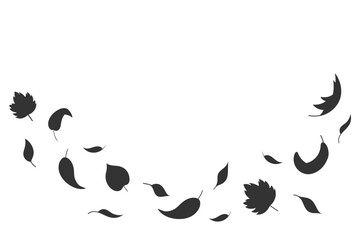 Leaves fall silhouette in simple style, vector illustration. Wave cold air during windy weather. Maple leaf for print and design. Isolated black elements on a white background. Autumn symbol nature