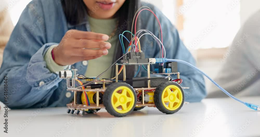 Poster Technology, closeup and car robotics of students in classroom, education or learning electronics with cables and wire for innovation. School kids, learners and knowledge in science class for research