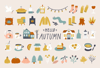 Autumn set in simple hand drawn style. Hello Autumn lettering. - 641619473