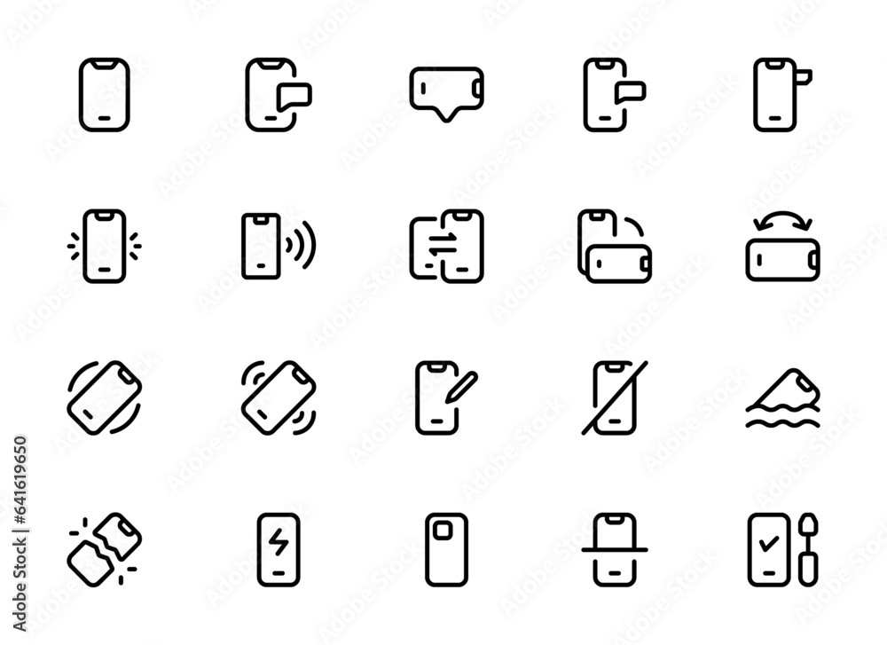 Aufkleber mobile phone functions and settings line icons. smartphone technology vector linear icon set. editab