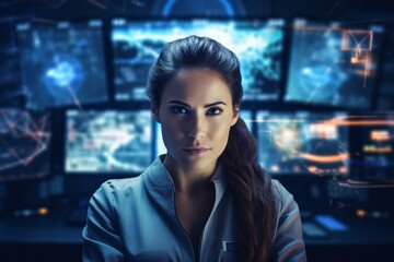 Naklejka premium A woman surrounded by multiple screens, immersed in a digital world