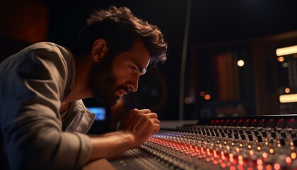 Fototapeta na wymiar A man working at a mixing board in a recording studio