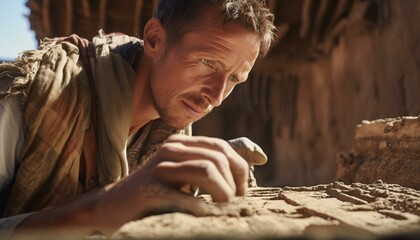 A man examining an object in the sand