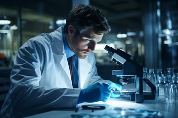 A scientist examining a specimen under a microscope in a laboratory - obrazy, fototapety, plakaty