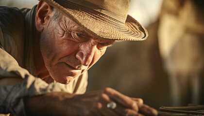 A man in a hat examining an object on a table