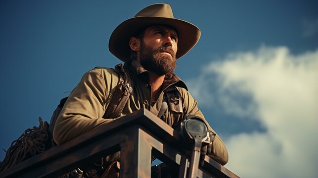 A rugged cowboy with a stylish beard and a timeless hat