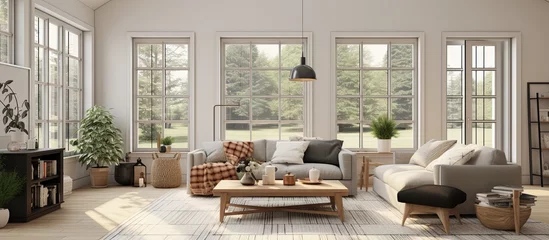 Foto op Canvas home interior design concept with cosy living room design by farm house scheme concept living room with wooden decorate light from window sofa and comfort ambient atmoshere home design,ai generate © VERTEX SPACE